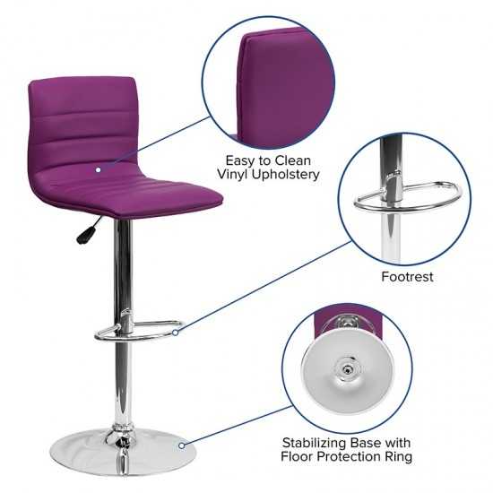 Modern Purple Vinyl Adjustable Bar Stool with Back, Counter Height Swivel Stool with Chrome Pedestal Base