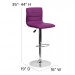 Modern Purple Vinyl Adjustable Bar Stool with Back, Counter Height Swivel Stool with Chrome Pedestal Base