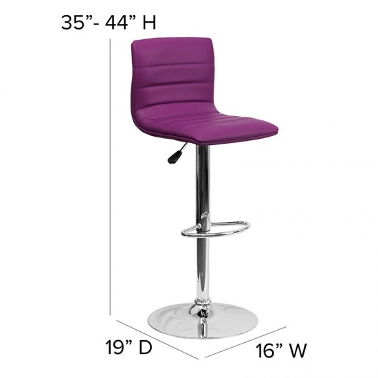 Modern Purple Vinyl Adjustable Bar Stool with Back, Counter Height Swivel Stool with Chrome Pedestal Base