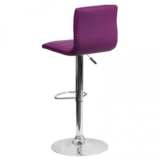 Modern Purple Vinyl Adjustable Bar Stool with Back, Counter Height Swivel Stool with Chrome Pedestal Base