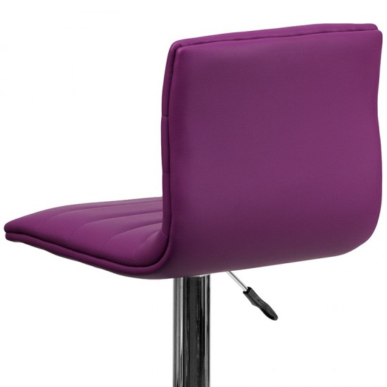 Modern Purple Vinyl Adjustable Bar Stool with Back, Counter Height Swivel Stool with Chrome Pedestal Base