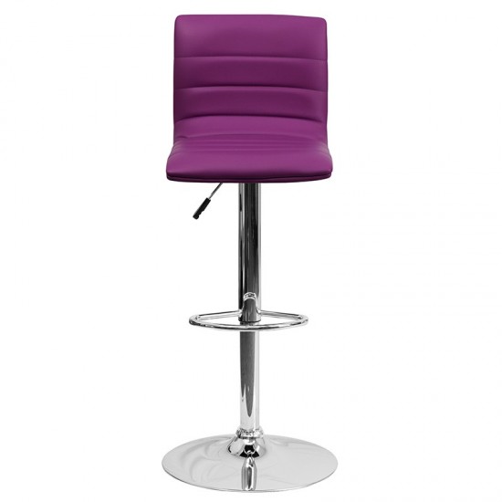 Modern Purple Vinyl Adjustable Bar Stool with Back, Counter Height Swivel Stool with Chrome Pedestal Base