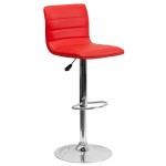 Modern Red Vinyl Adjustable Bar Stool with Back, Counter Height Swivel Stool with Chrome Pedestal Base