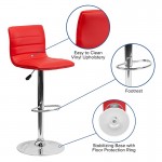 Modern Red Vinyl Adjustable Bar Stool with Back, Counter Height Swivel Stool with Chrome Pedestal Base