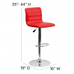 Modern Red Vinyl Adjustable Bar Stool with Back, Counter Height Swivel Stool with Chrome Pedestal Base