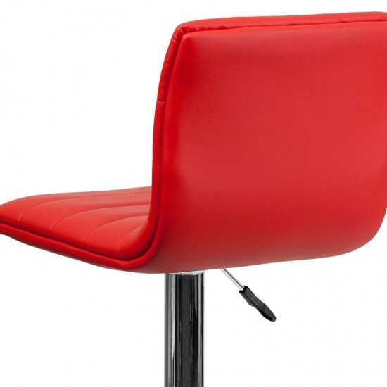 Modern Red Vinyl Adjustable Bar Stool with Back, Counter Height Swivel Stool with Chrome Pedestal Base