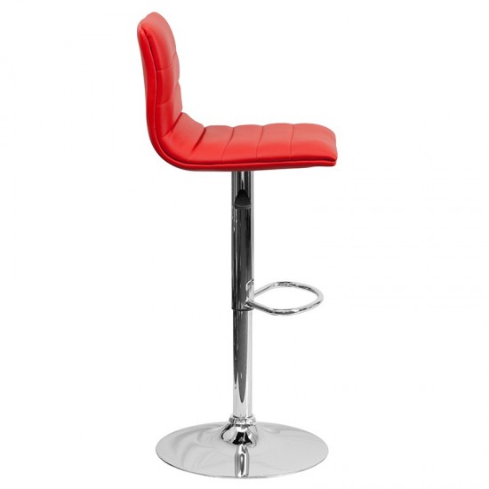 Modern Red Vinyl Adjustable Bar Stool with Back, Counter Height Swivel Stool with Chrome Pedestal Base