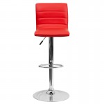 Modern Red Vinyl Adjustable Bar Stool with Back, Counter Height Swivel Stool with Chrome Pedestal Base