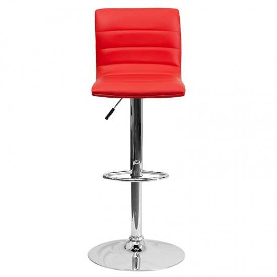 Modern Red Vinyl Adjustable Bar Stool with Back, Counter Height Swivel Stool with Chrome Pedestal Base