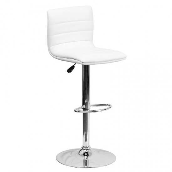 Modern White Vinyl Adjustable Bar Stool with Back, Counter Height Swivel Stool with Chrome Pedestal Base