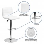 Modern White Vinyl Adjustable Bar Stool with Back, Counter Height Swivel Stool with Chrome Pedestal Base