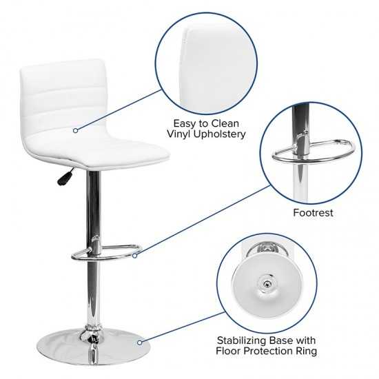 Modern White Vinyl Adjustable Bar Stool with Back, Counter Height Swivel Stool with Chrome Pedestal Base