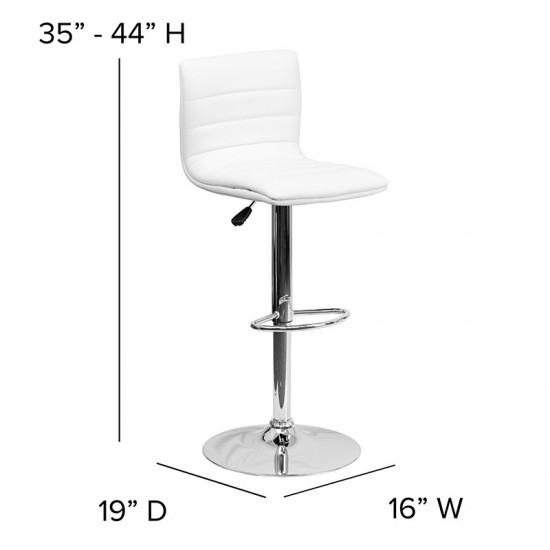 Modern White Vinyl Adjustable Bar Stool with Back, Counter Height Swivel Stool with Chrome Pedestal Base