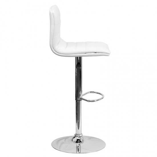 Modern White Vinyl Adjustable Bar Stool with Back, Counter Height Swivel Stool with Chrome Pedestal Base