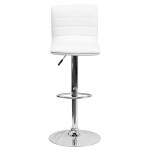 Modern White Vinyl Adjustable Bar Stool with Back, Counter Height Swivel Stool with Chrome Pedestal Base