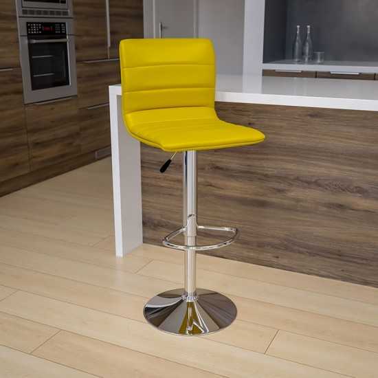 Modern Yellow Vinyl Adjustable Bar Stool with Back, Counter Height Swivel Stool with Chrome Pedestal Base