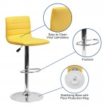 Modern Yellow Vinyl Adjustable Bar Stool with Back, Counter Height Swivel Stool with Chrome Pedestal Base