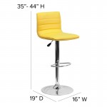 Modern Yellow Vinyl Adjustable Bar Stool with Back, Counter Height Swivel Stool with Chrome Pedestal Base