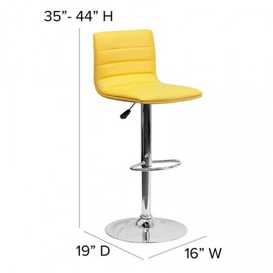 Modern Yellow Vinyl Adjustable Bar Stool with Back, Counter Height Swivel Stool with Chrome Pedestal Base