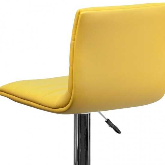 Modern Yellow Vinyl Adjustable Bar Stool with Back, Counter Height Swivel Stool with Chrome Pedestal Base