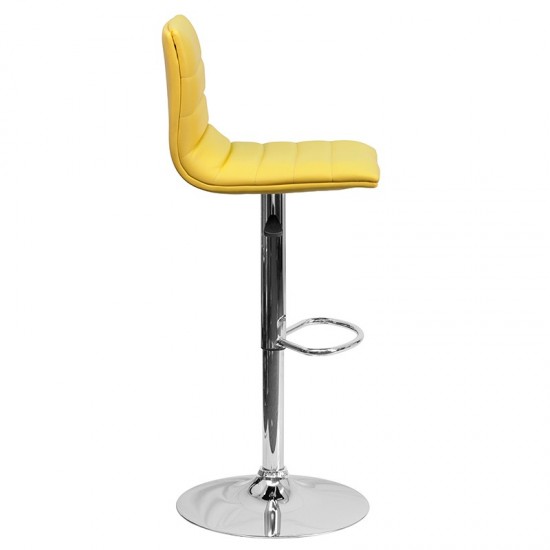 Modern Yellow Vinyl Adjustable Bar Stool with Back, Counter Height Swivel Stool with Chrome Pedestal Base