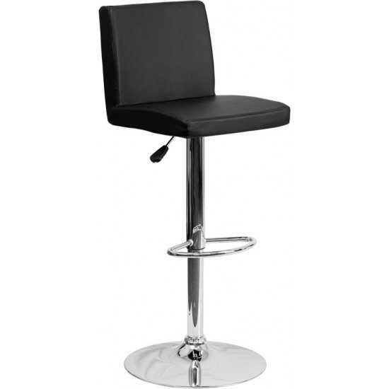 Contemporary Black Vinyl Adjustable Height Barstool with Panel Back and Chrome Base