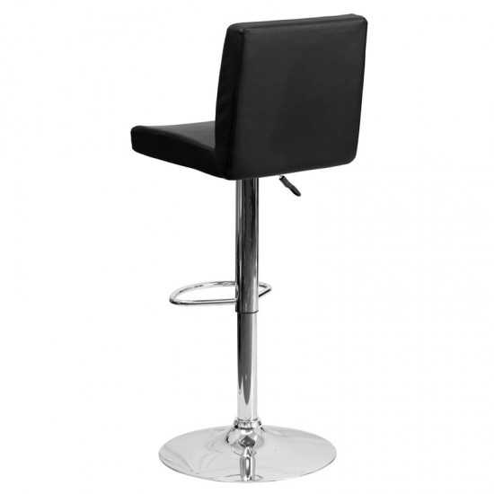 Contemporary Black Vinyl Adjustable Height Barstool with Panel Back and Chrome Base