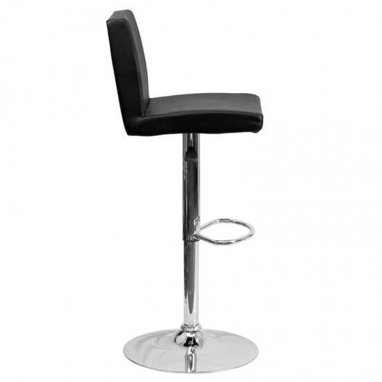 Contemporary Black Vinyl Adjustable Height Barstool with Panel Back and Chrome Base