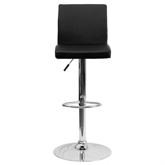 Contemporary Black Vinyl Adjustable Height Barstool with Panel Back and Chrome Base