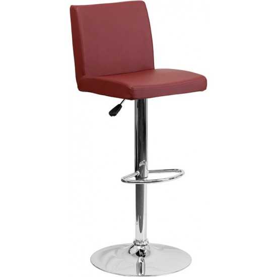 Contemporary Burgundy Vinyl Adjustable Height Barstool with Panel Back and Chrome Base