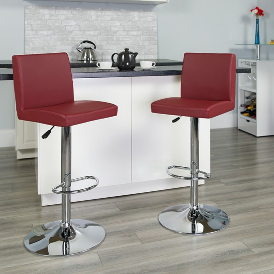 Contemporary Burgundy Vinyl Adjustable Height Barstool with Panel Back and Chrome Base