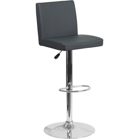 Contemporary Gray Vinyl Adjustable Height Barstool with Panel Back and Chrome Base