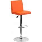 Contemporary Orange Vinyl Adjustable Height Barstool with Panel Back and Chrome Base