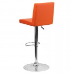 Contemporary Orange Vinyl Adjustable Height Barstool with Panel Back and Chrome Base