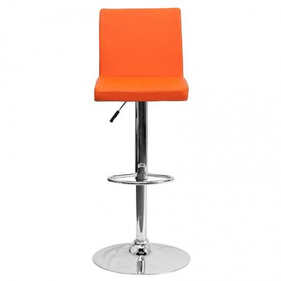 Contemporary Orange Vinyl Adjustable Height Barstool with Panel Back and Chrome Base