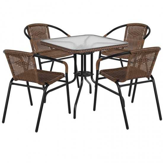 28'' Square Glass Metal Table with Dark Brown Rattan Edging and 4 Dark Brown Rattan Stack Chairs