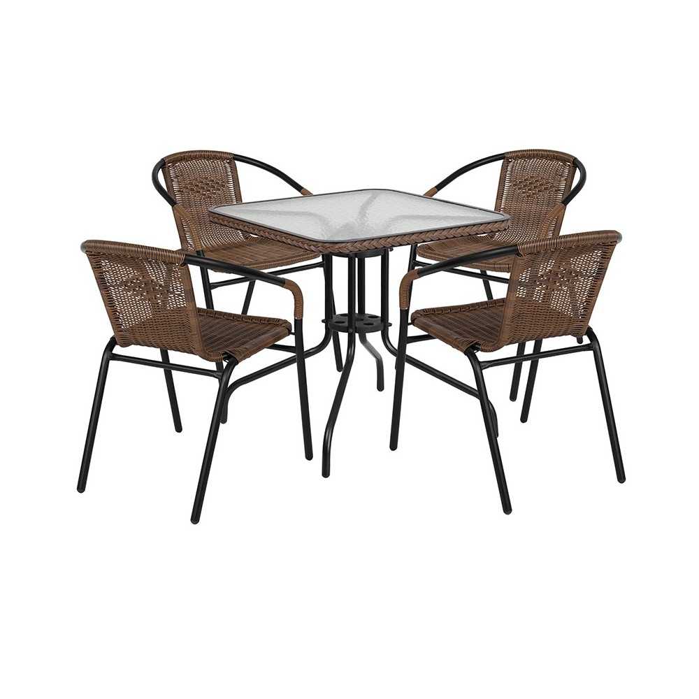 28'' Square Glass Metal Table with Dark Brown Rattan Edging and 4 Dark Brown Rattan Stack Chairs