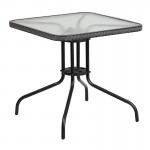 28'' Square Glass Metal Table with Gray Rattan Edging and 4 Gray Rattan Stack Chairs