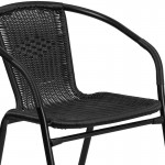 28'' Round Glass Metal Table with Black Rattan Edging and 2 Black Rattan Stack Chairs