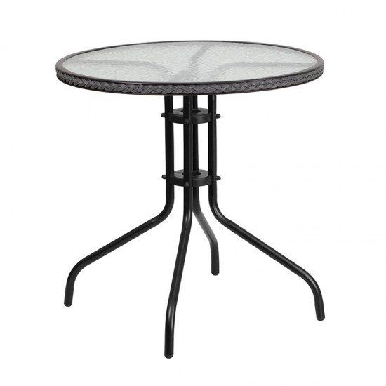 28'' Round Glass Metal Table with Gray Rattan Edging and 2 Gray Rattan Stack Chairs