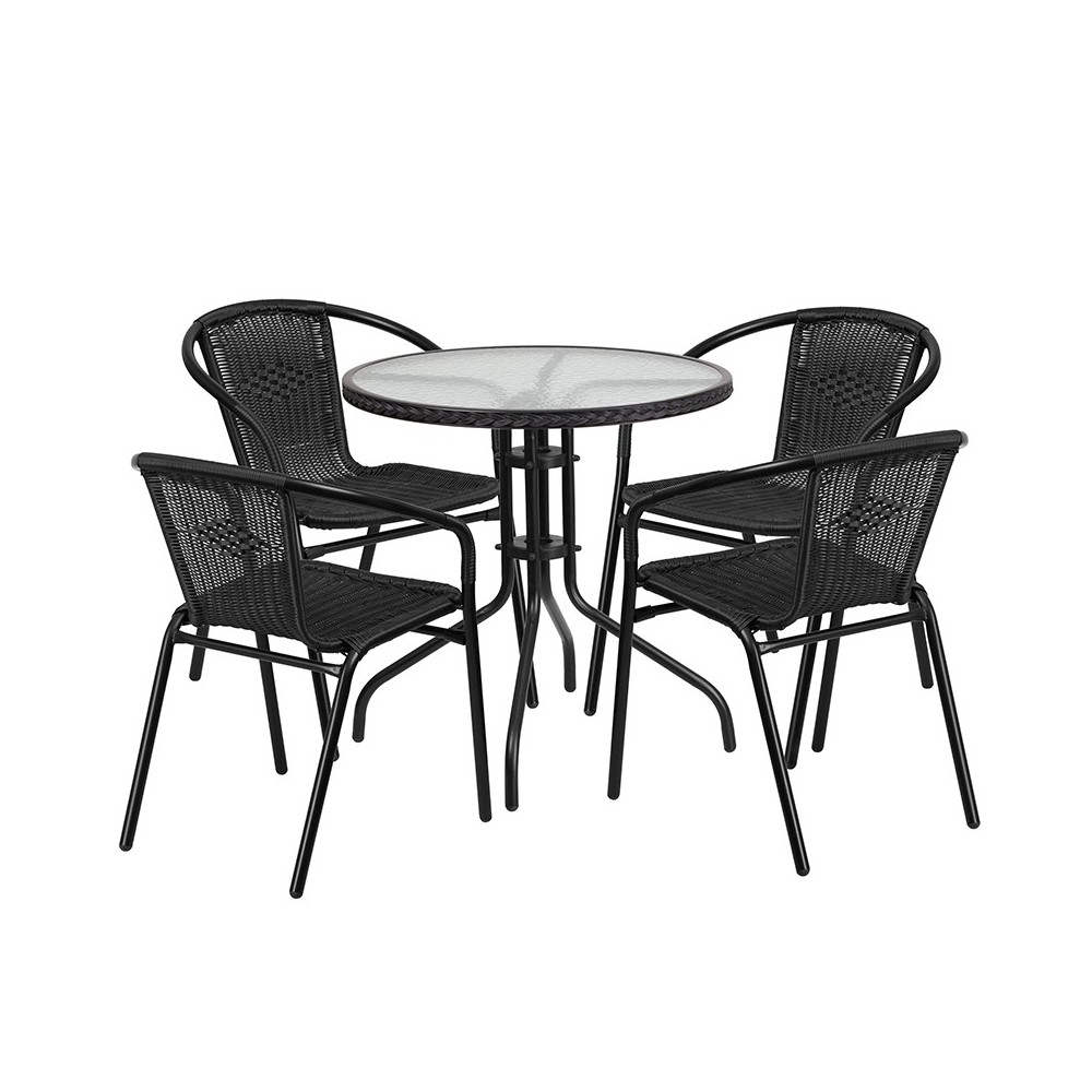 28'' Round Glass Metal Table with Black Rattan Edging and 4 Black Rattan Stack Chairs