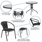 28'' Round Glass Metal Table with Black Rattan Edging and 4 Black Rattan Stack Chairs