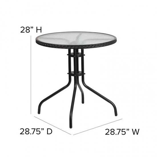 28'' Round Glass Metal Table with Black Rattan Edging and 4 Black Rattan Stack Chairs