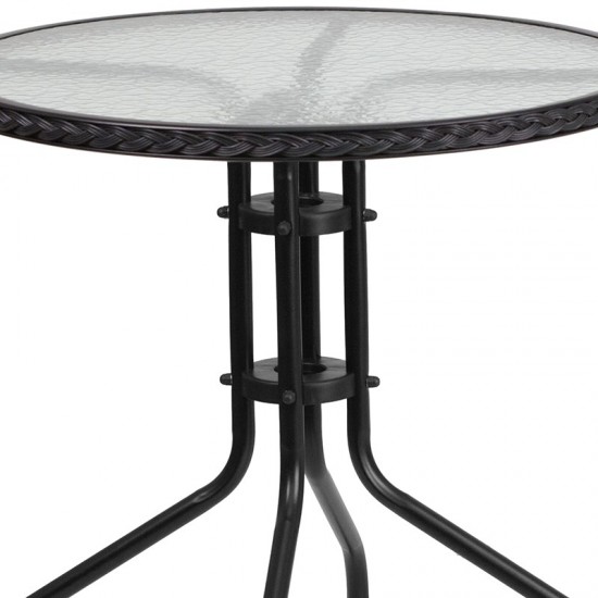 28'' Round Glass Metal Table with Black Rattan Edging and 4 Black Rattan Stack Chairs