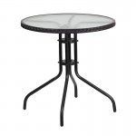 28'' Round Glass Metal Table with Black Rattan Edging and 4 Black Rattan Stack Chairs