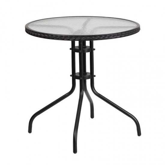 28'' Round Glass Metal Table with Black Rattan Edging and 4 Black Rattan Stack Chairs