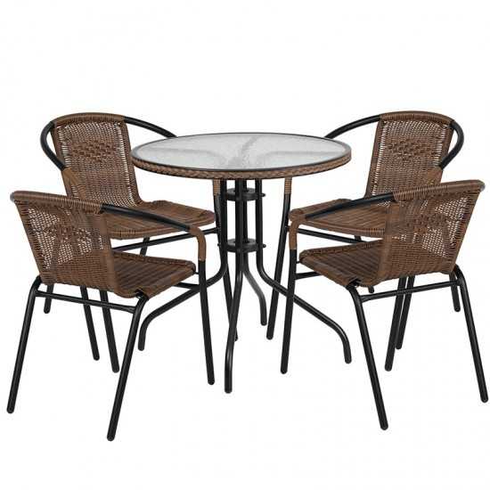 28'' Round Glass Metal Table with Dark Brown Rattan Edging and 4 Dark Brown Rattan Stack Chairs