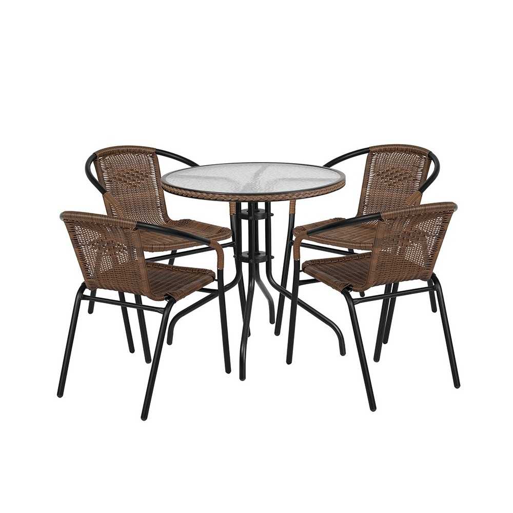 28'' Round Glass Metal Table with Dark Brown Rattan Edging and 4 Dark Brown Rattan Stack Chairs