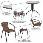 28'' Round Glass Metal Table with Dark Brown Rattan Edging and 4 Dark Brown Rattan Stack Chairs