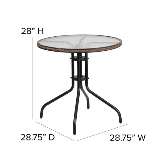 28'' Round Glass Metal Table with Dark Brown Rattan Edging and 4 Dark Brown Rattan Stack Chairs